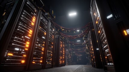 Poster - High-Tech Data Center with Illuminated Server Racks and Complex Wiring in Dark Environment