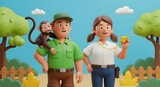 Cartoon zoo keepers with a monkey and a whistle in a cartoon zoo setting scene