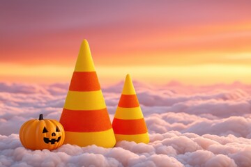 Poster - Colorful Halloween Cones and Pumpkin Against a Dreamy Cloudy Sunset Sky