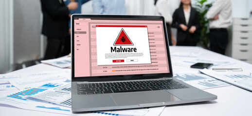 Fototapete - Cyber attacking concept. Malware alert showing on computer screen display scam and threat detection on computer system or online server to be removed brisk.