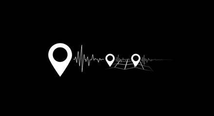 Poster - White location pin icons with heartbeat line on black background showing network connection concept
