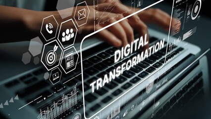 Fototapete - Innovative Digital Transformation Concept with Technology Elements on a Laptop with Hands Typing in Modern Workspace. Asymptotic smart data analytic.