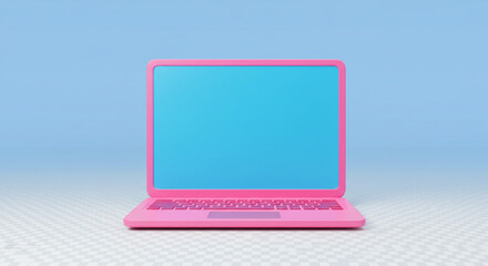 Fototapete - A pink laptop with a blue screen on a white checkered surface against a blue background simple design