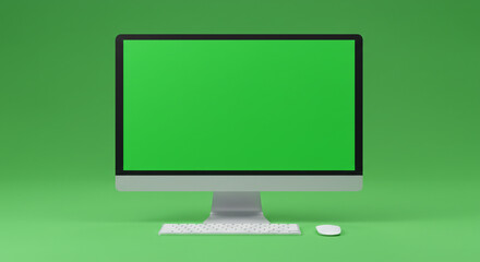 Fototapete - A computer with a green screen display on a green background with a keyboard and mouse set up