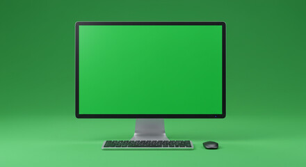 Fototapete - Computer with green screen display keyboard and mouse on a matching green background studio shot