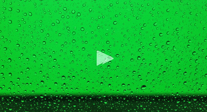 A green background with water droplets and a transparent play button overlayed in the center view