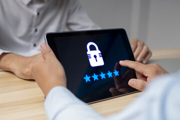 Wall Mural - Cybersecurity and Privacy Technology. businessman login security password on mobile tablet in meeting room office, cyber internet security, internet access network technology, authentication concept