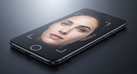 Poster - a woman's face on a smartphone screen with facial recognition grid for security access. biometric id
