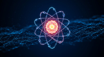 Poster - Glowing atom model with orbiting electrons on a dark blue background and connected network lines