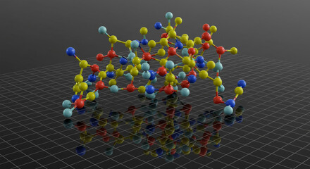 Poster - A colorful molecular structure with spheres and rods on a reflective grid background in a studio setting