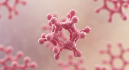 Poster - Close up of pink molecules with spherical ends arranged in a hexagonal structure floating in space