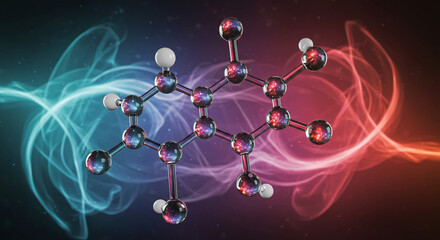Poster - Molecular structure with spheres and rods against a blue and red smoke like background design