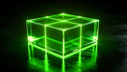 Glowing green glass cube on dark reflective surface