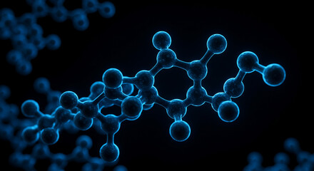 Poster - A detailed close up of a complex molecular structure with blue spheres on a black background