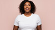 © Iram - Radiant Joy A Portrait of Black Woman Happiness Curly Hair and Confidence in Studio Lighting on Pink