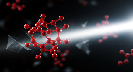 Poster - Red molecule structure with bright light beam on a dark background in a science illustration style