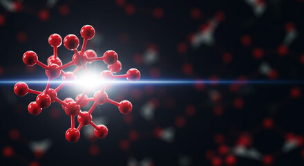 Poster - Close up of a red molecular structure with a bright light on a dark background with more molecules