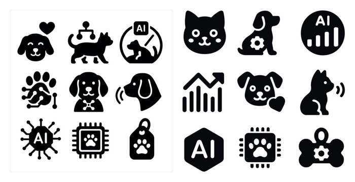 Collection of dog and cat icons. The dog icons include a dog with a heart, a dog with a microphone, and a dog with a computer