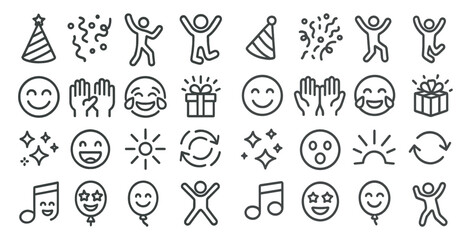 Poster - Collection of black and white icons that represent various emotions and actions. The icons include a smiling face, a hand clapping, a person dancing, and a person blowing out candles