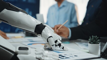 Poster - A robotic arm works alongside professionals in a modern office, enhancing data analysis and teamwork. This image captures the synergy of technology and human collaboration.Noogenesis