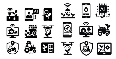Poster - Collection of icons for various devices and technologies, including a cell phone, a computer, a drone, a tractor, and a smart home system
