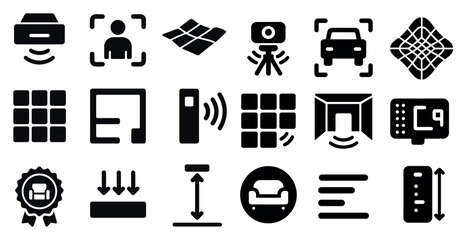 Poster - Collection of icons for various devices and objects. The icons include a car, a person, a camera, a phone, a keyboard, a mouse, a remote control, a television, a computer, a printer, a keyboard