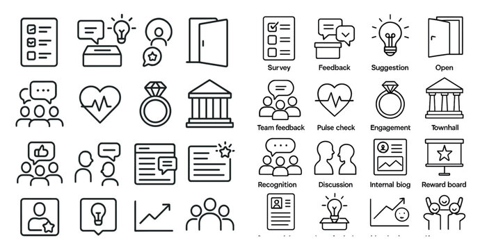 Collection of icons and symbols, including a heart, a diamond, a building, a book, a person, a house, a person with a camera, a person with a computer, a person with a cell phone, a person with a la