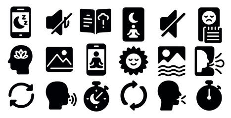 Poster - Collection of icons for various activities and moods. Some of the icons include a book, a phone, a clock, a mountain, a sun, a flower, and a person. The icons are all black and white