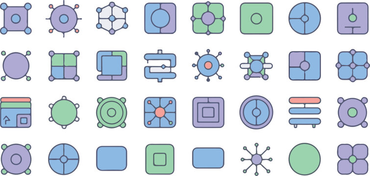 Vector art of a collection of abstract geometric icons in pastel colors, representing technology and data isolated on transparent background.
