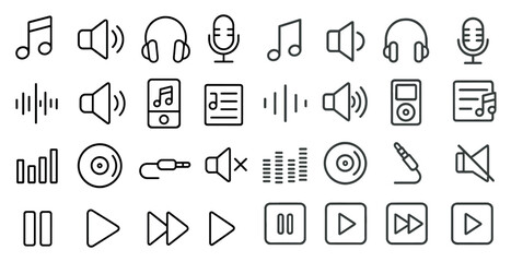 Poster - Collection of icons for music and audio devices. The icons include headphones, a microphone, a music note, and a record player