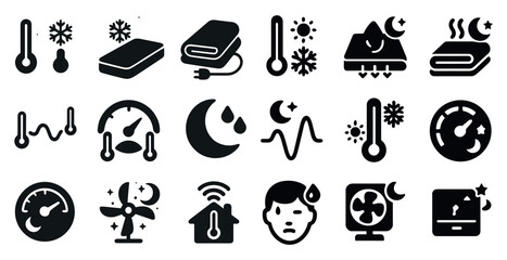 Poster - Collection of icons depicting various aspects of home life, including temperature, sleep, and appliances. The icons are all black and white, and they are arranged in a grid-like pattern