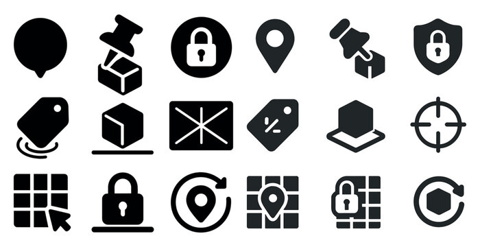 Collection of icons for various apps and services, including a lock, a key, a box, a map, and a camera