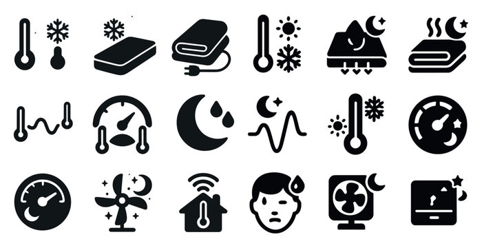 Collection of icons depicting various aspects of home life, including temperature, sleep, and appliances. The icons are all black and white, and they are arranged in a grid-like pattern
