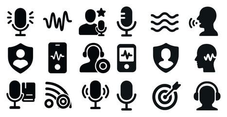 Poster - Collection of icons for various audio devices, including microphones, headphones, and cell phones. The icons are all black and white, and they convey a sense of technology and communication