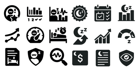 Poster - Collection of icons that include a clock, a dollar sign, a shield, a person sleeping, and a person looking at a document