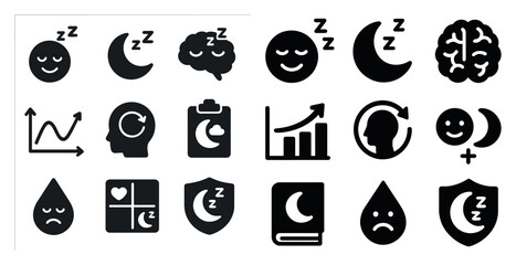 Poster - Collection of black and white icons that represent different moods and concepts. The icons include a smiling face, a sad face, a heart, a clock, a book, a shield, a graph, a person, a brain, a cup