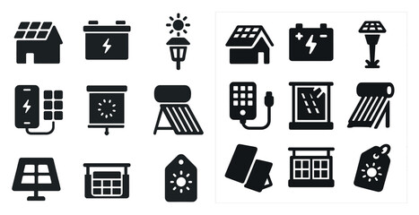 Poster - Collection of black and white icons that represent various household items and appliances. The icons include a house, a battery, a solar panel, a light switch, a clock, a calculator