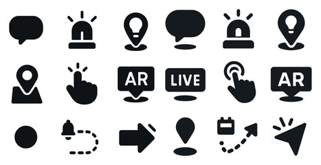 Poster - Collection of icons for various apps and features, including a red button, a blue button, a green arrow, and a black arrow