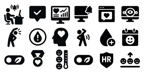 Leinwandbilder - Collection of icons that include a heart, a smiley face, a calendar, a clock, a person, a computer, a keyboard, a mouse, a cell phone, a book, a bottle, a cup, a hand, a heart