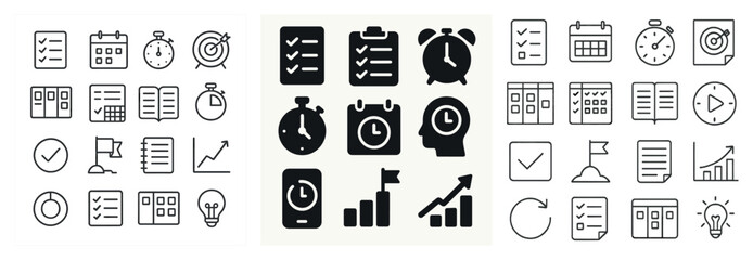 Poster - Three sets of icons are shown, each with a different color. The icons include a clock, a calendar, a check mark, and a book. The icons are arranged in a grid