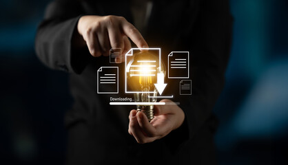 Poster - Visual representation of digital document downloading, showing file transfer, data access, and progress status for secure and efficient information retrieval Latch