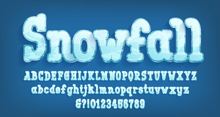 Fototapete - Snowfall alphabet font. Cartoon letters and numbers. Uppercase and lowercase. Stock vector typeface for your typography design.