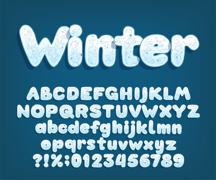 Winter alphabet font. Cartoon snow letters and numbers. Uppercase and lowercase. Stock vector typeface for your typography design.