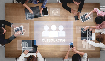 Poster - Outsourcing concept showing collaboration, delegation, global workforce, productivity, and task management through remote teams and external service providers Vouch