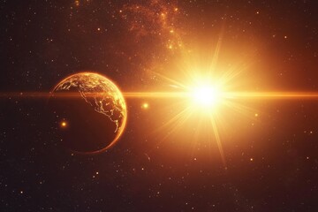 Wall Mural - exploration of a distant planet with bright solar flare and rotating sphere in space, space travel w