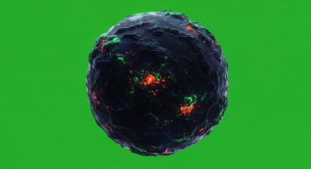 Poster - A dark textured sphere with glowing orange and green spots against a green screen background