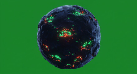 Poster - A dark textured sphere with glowing green and red spots floating against a green screen backdrop