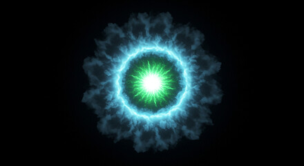 Poster - A glowing green and white center surrounded by a blue ring with a smoky cloud on a black background