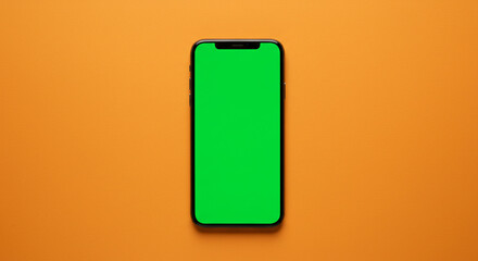 Poster - Isolated smartphone with a green screen display on a solid orange colored background surface shot from above