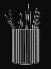 Poster - Colorful pencils neatly arranged in a clear glass, standing upright against a sleek black background. The vibrant hues of the pencils create a striking contrast with the dark surface.